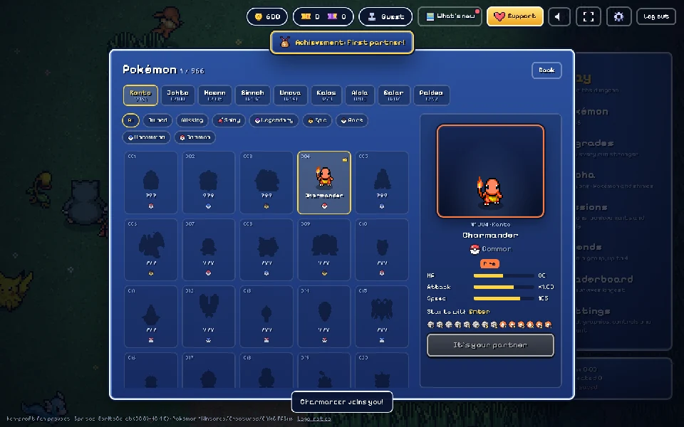 Actual PokéSurvivor collection interface: a guest example with Charmander selected, regional tabs, owned or missing filters and the real partner stats.