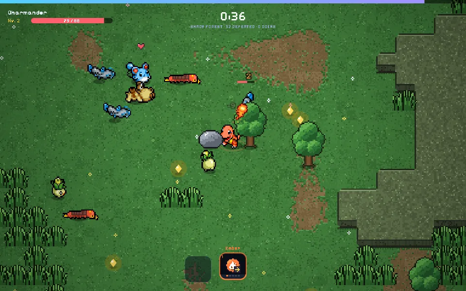 Actual PokéSurvivor gameplay: Charmander fires Ember in the pixel grass arena, with surrounding enemies and the real HP, time and active-move HUD.