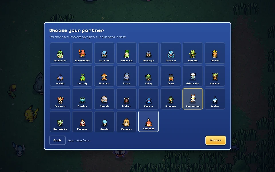 Actual PokéSurvivor Starter selection screen showing the 29 named Pokémon choices.